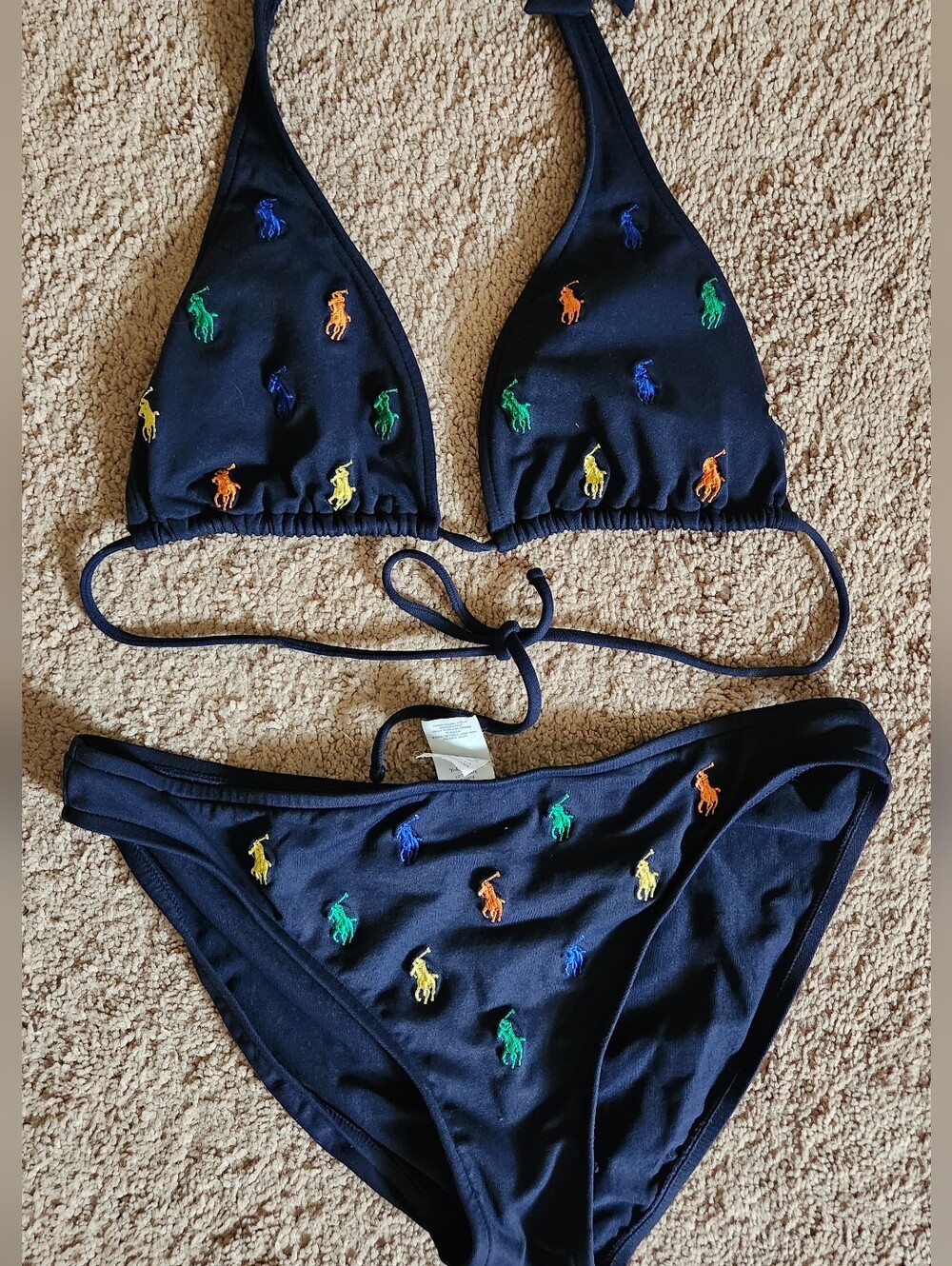 VINTAGE Ralph Lauren Polo Rainbow Pony Navy 2 Piece Bikini Med Swim Pool Beach